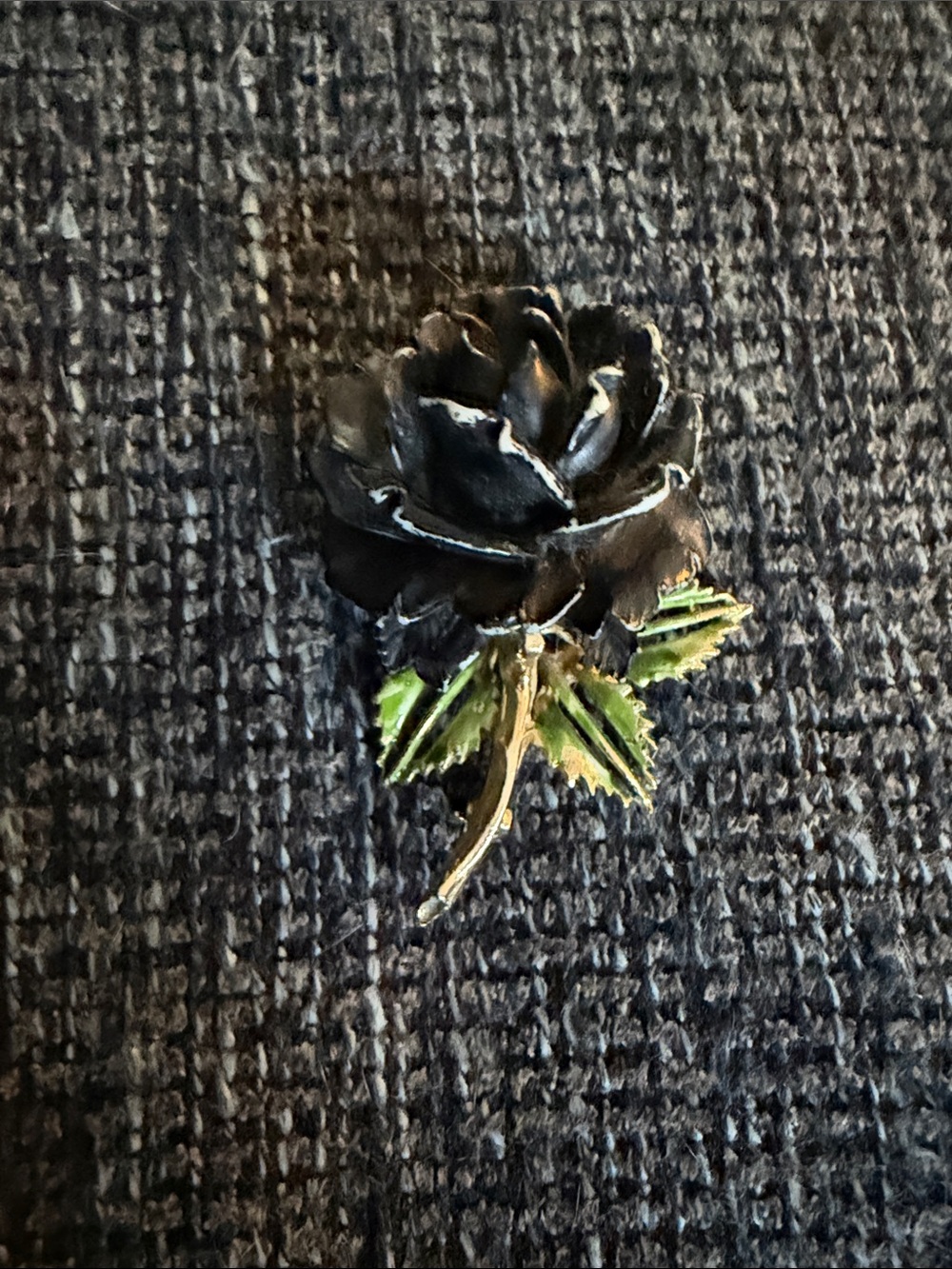 Black Rose Brooch Pin with Green Leaves - Unbranded